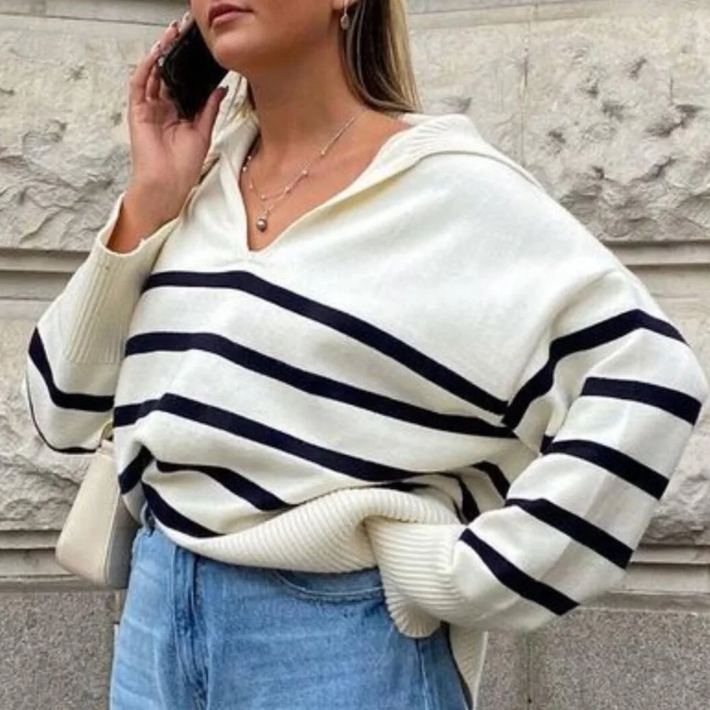 Zara Ecru V-Neck Polo Sweater in Cream and Black Stripes - Picture 2 of 5